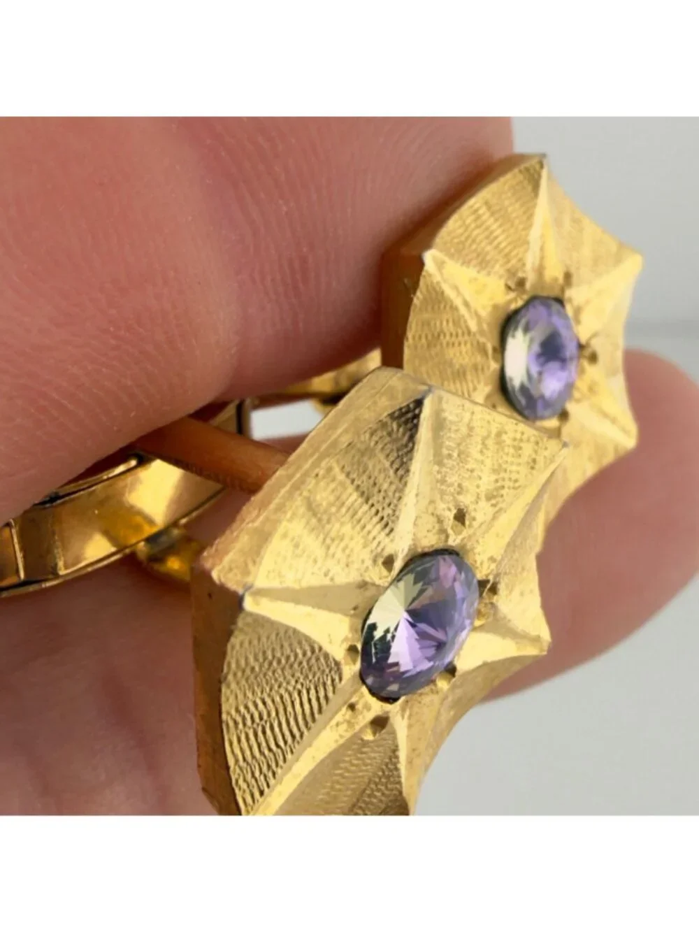 Vintage Gold Tone Hexagon Cufflinks Purple Rhinestone Mid Century